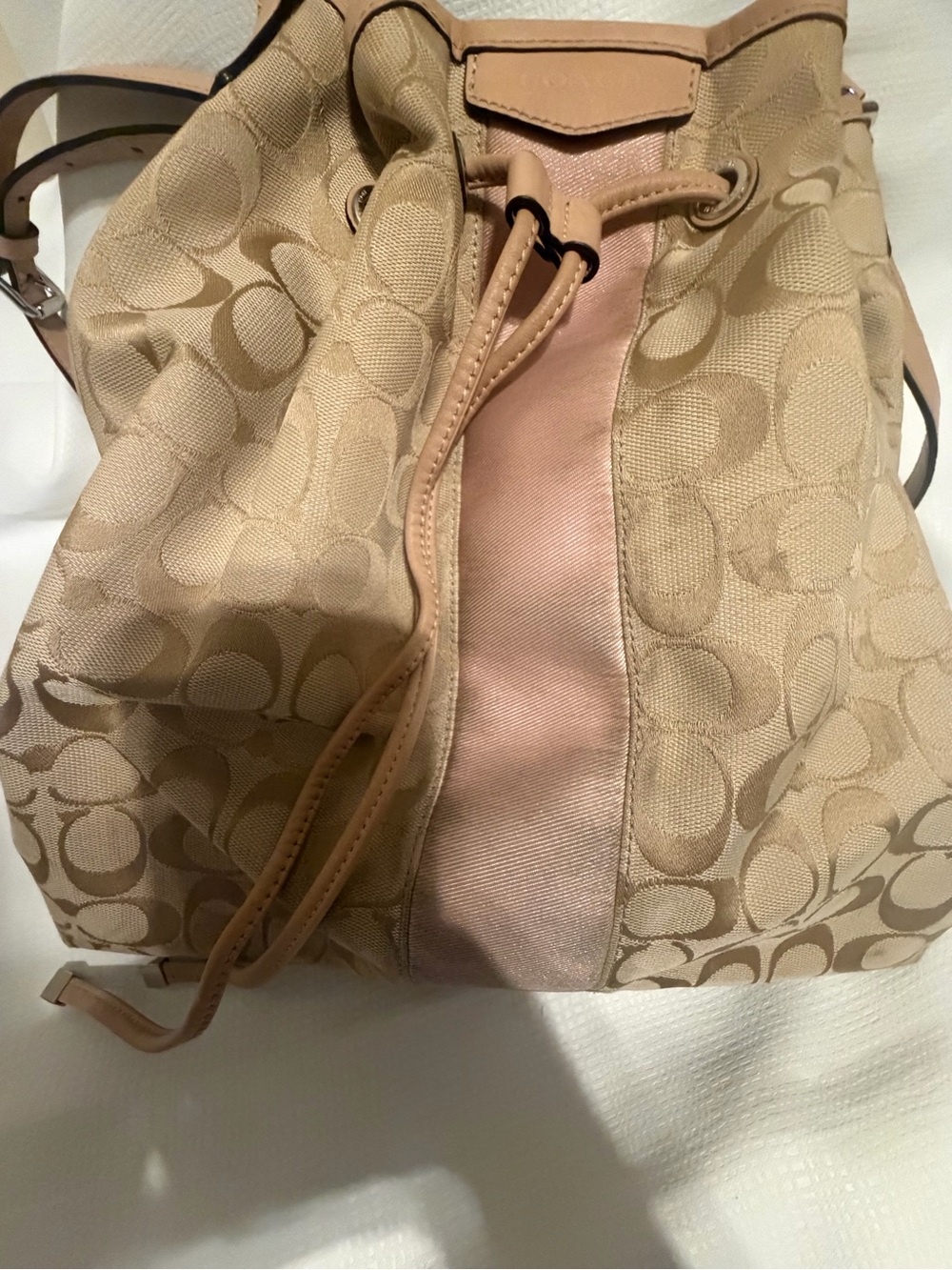 Used- Must Be Cleaned- Coach Beige Signature Drawstring Tote
